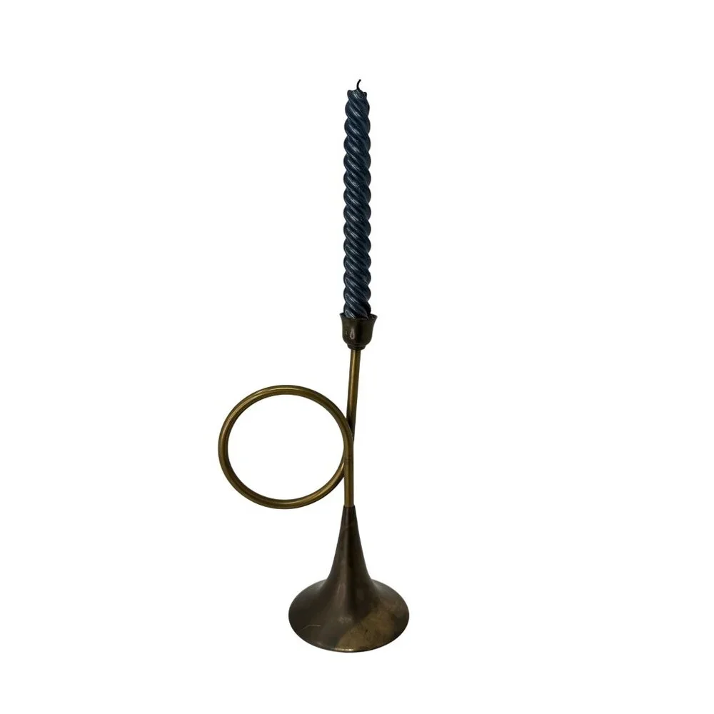 Vintage Brass‎ French Horn Taper Candle Holder Sculptural Mid Century Decor